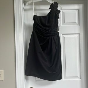 David’s Bridal satin one shoulder dress with ruching, style 8433, black size 2